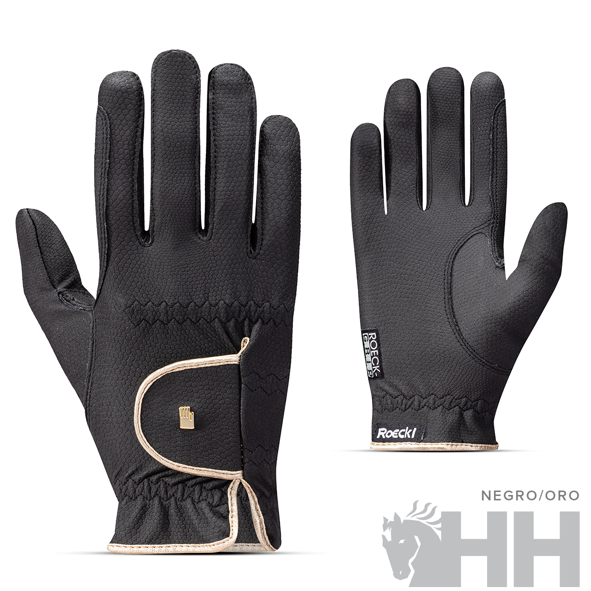 Par de luvas pretas com acabamento dourado e etiqueta Roeckl grip
