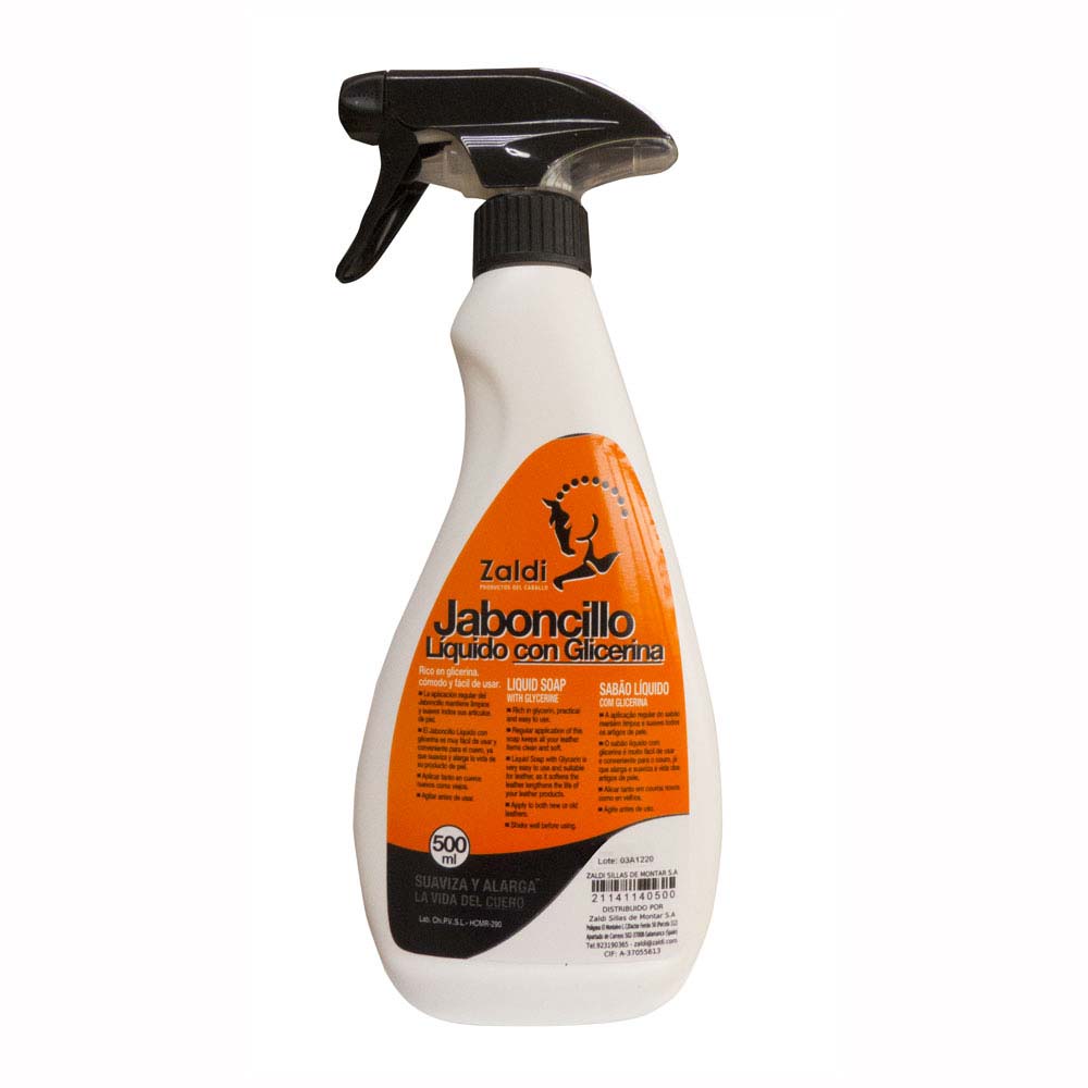 Frasco branco spray de sabão líquido com etiqueta laranja e preta.