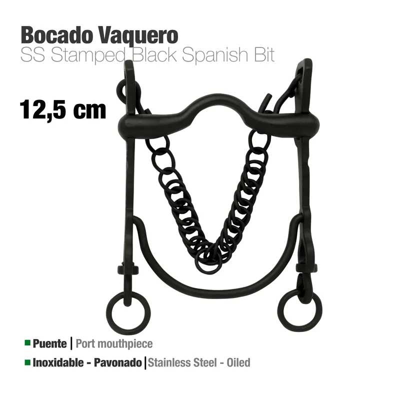 Bocado metálico preto para cavalo de 12,5 cm com anéis e correntes