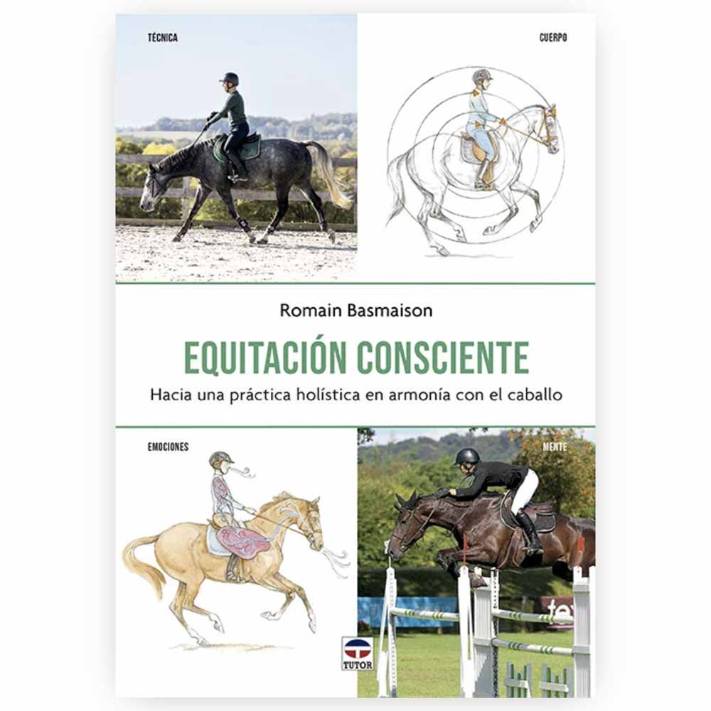 Capa de livro sobre equitação consciente com fotos e desenhos de cavaleiros e cavalos.