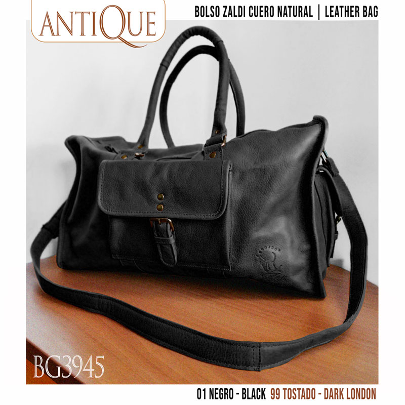 Bolsa de couro preta tipo saco com alças e bolso frontal