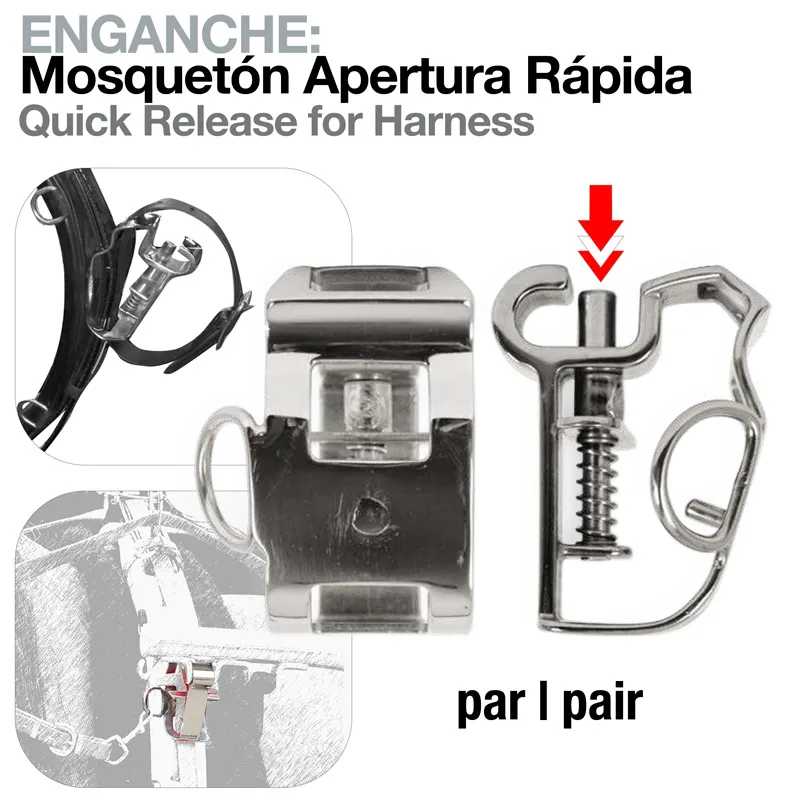 Mosquetão metálico de abertura rápida para arnês com texto informativo