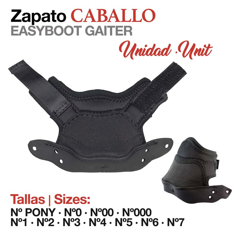 Protecção de casco para cavalo em tecido preto com fechos de velcro e texto de tamanhos