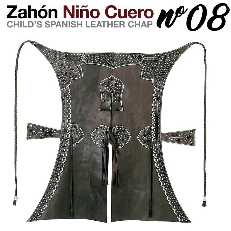 Zahón Niño Cuero chap de couro espanhol castanho com decoração metálica e cordões laterais