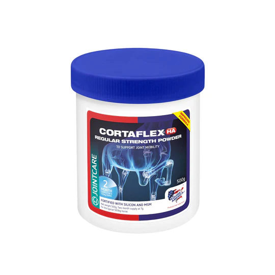 Pote branco com tampa azul de suplemento CORTAFLEX HA para articulações
