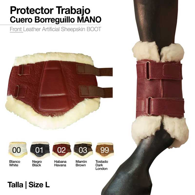 Protector de trabalho em couro borreguillo vinho com forro branco e fecho de velcro.