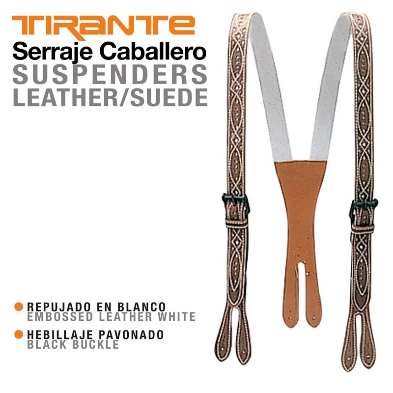 Suspensórios de couro/camurça com padrão branco e fivelas pretas
