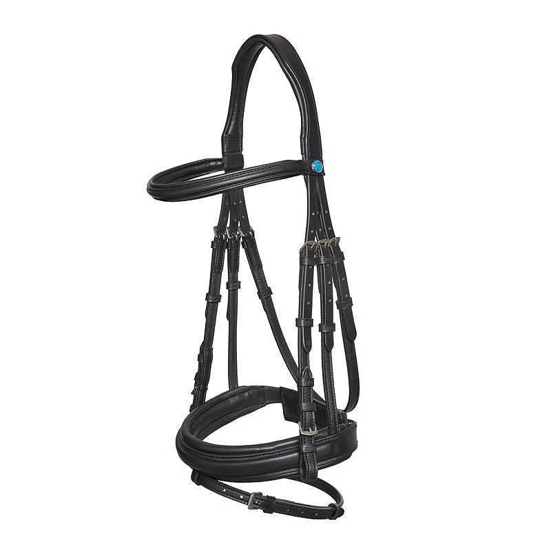 Bridão para cavalo em couro preto com detalhes acolchoados e botão azul