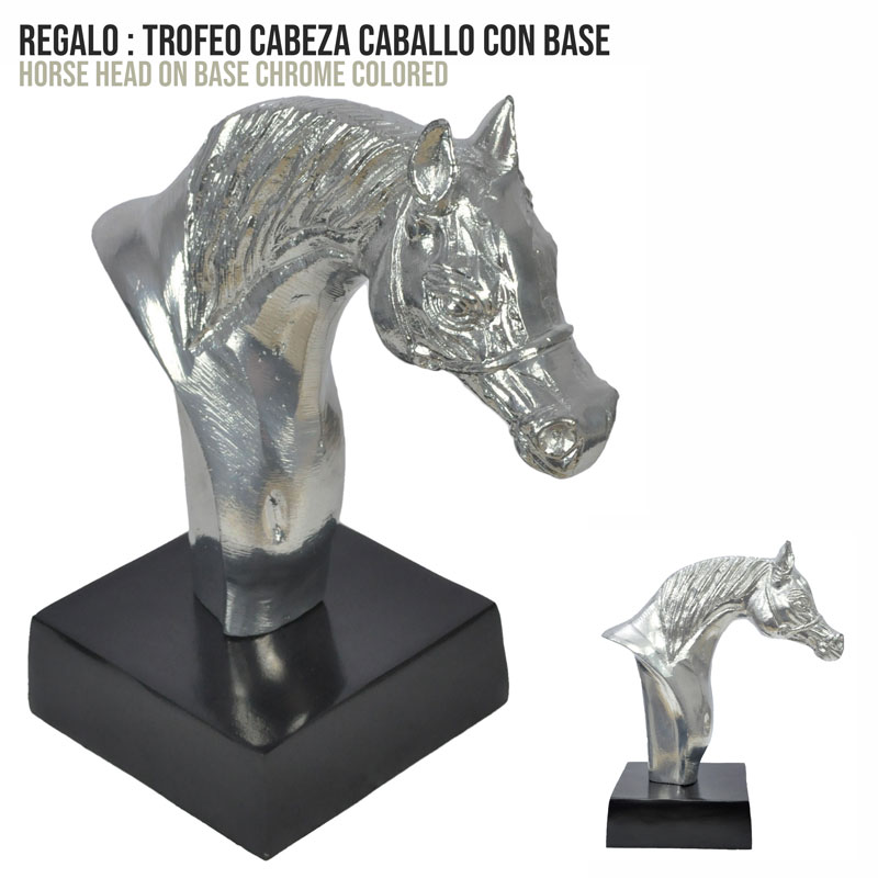 Trofeu cabeça de cavalo cromada com base preta quadrada