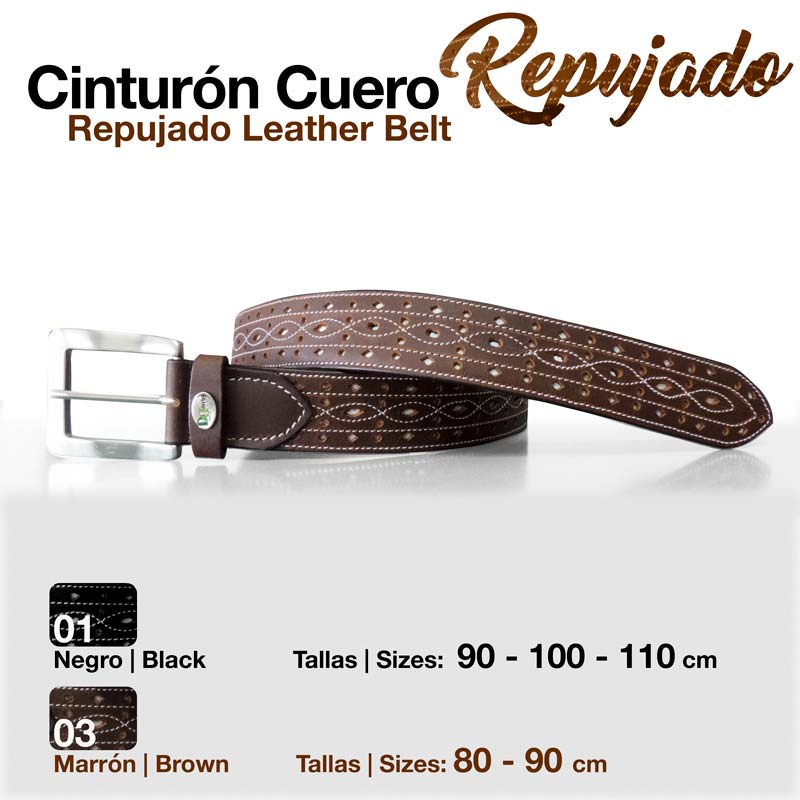 Cinto de couro repuxado em negro e marron com fivela metálica e padrões decorativos