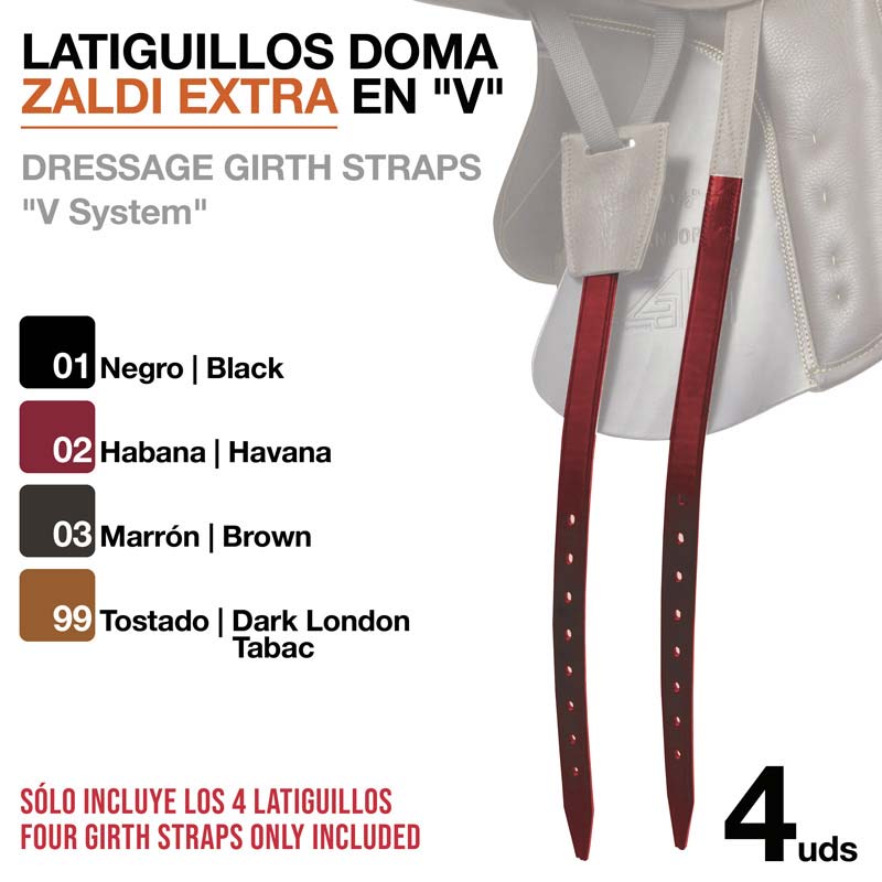 Latiguillos de sela em forma de V ZALDI EXTRA com cores variadas e texto explicativo.