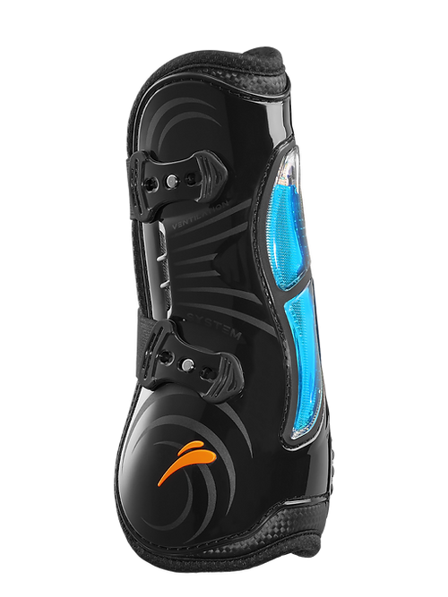 Protector preto para perna de cavalo com detalhes azuis e alaranjados