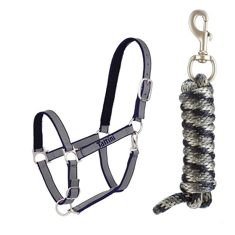 Cabresto azul escuro com corda trançada preta, branca e cinza com fecho metálico.