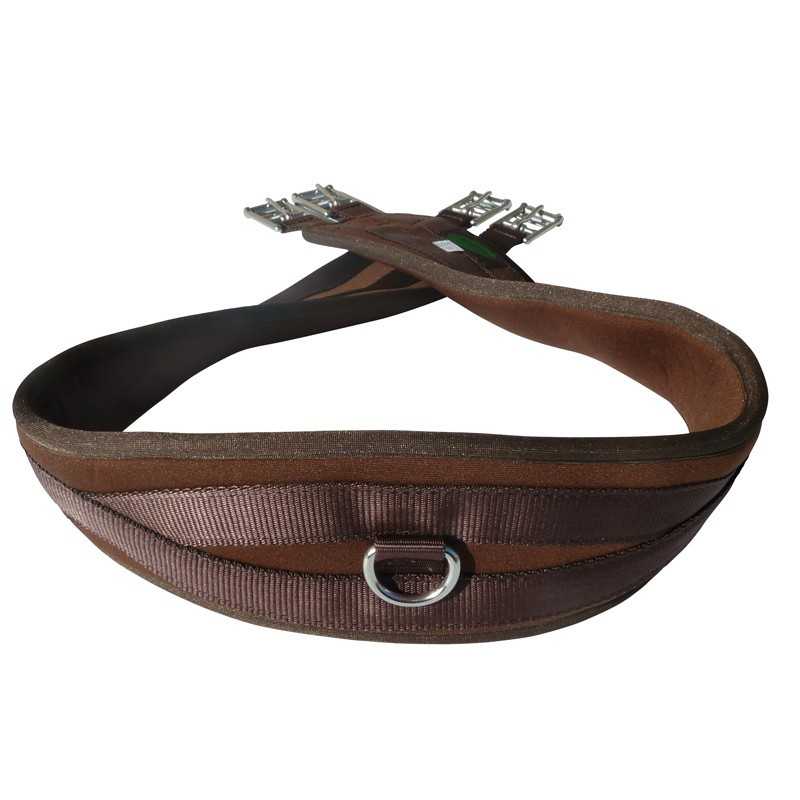 Cincha de montaria castanha e preta com fivelas e argola metálica