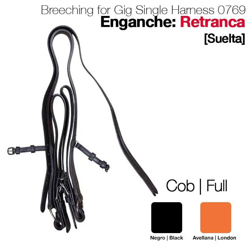 Arnês para gig single breaching com cores preto e castanho claro e texto técnico.