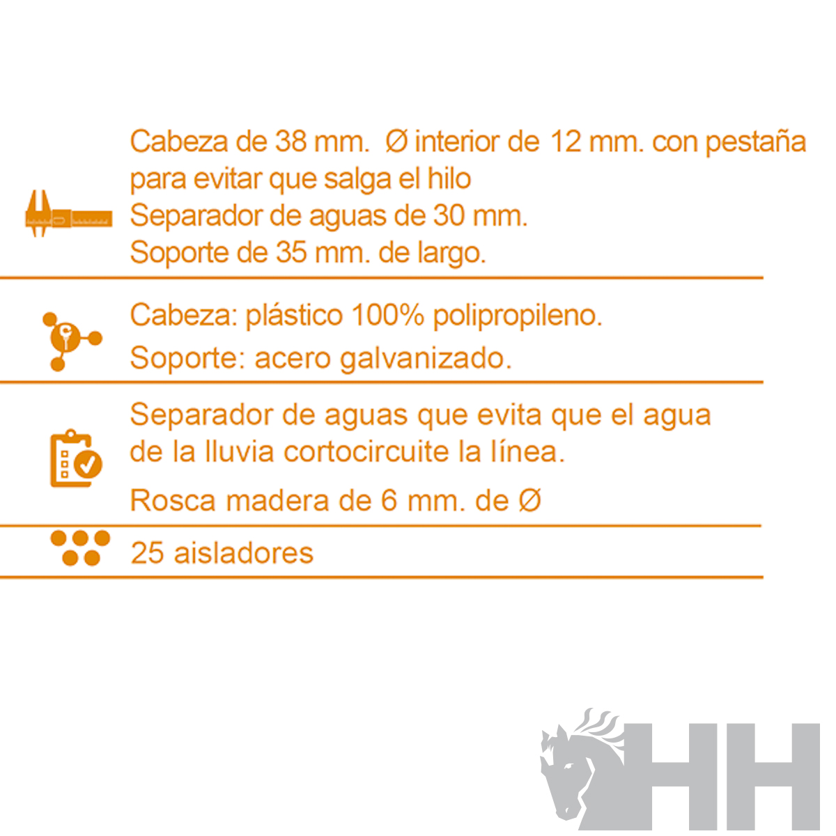 Texto técnico em espanhol com especificações sobre peças industriais e logo HH
