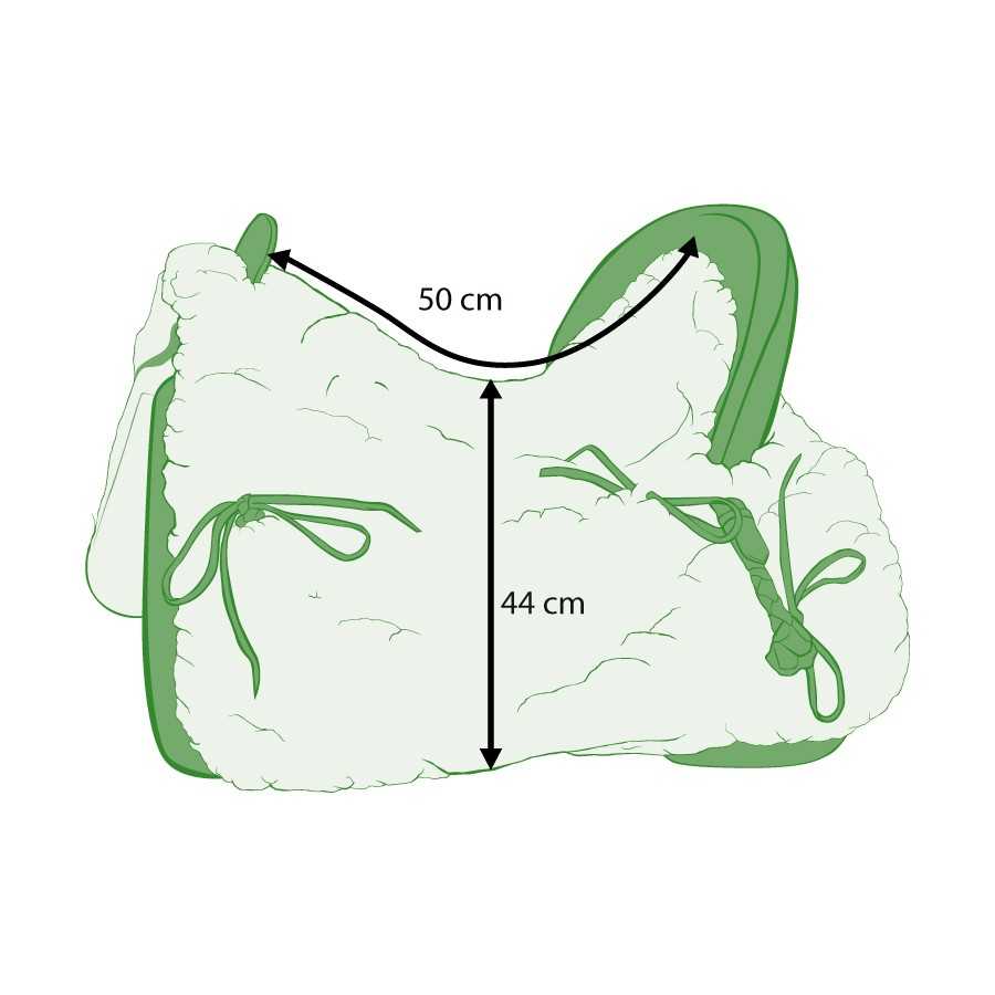 Alforje para bicicleta peludo branco com detalhes verdes e medidas indicadas