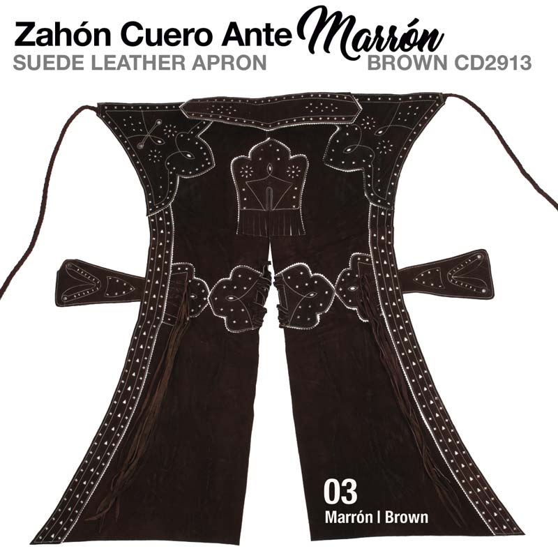 Zahón de couro castanho com detalhes decorativos e tachas