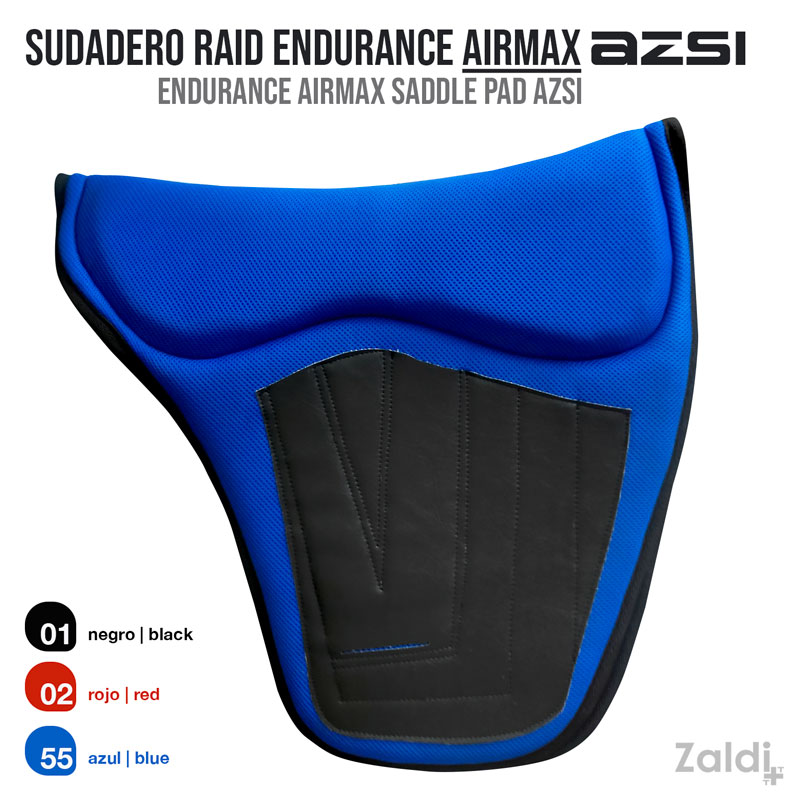 Manta de sela azul e preto SUDADERO RAID ENDURANCE AIRMAX AZSI com textura acolchoada e texto de opções de cor
