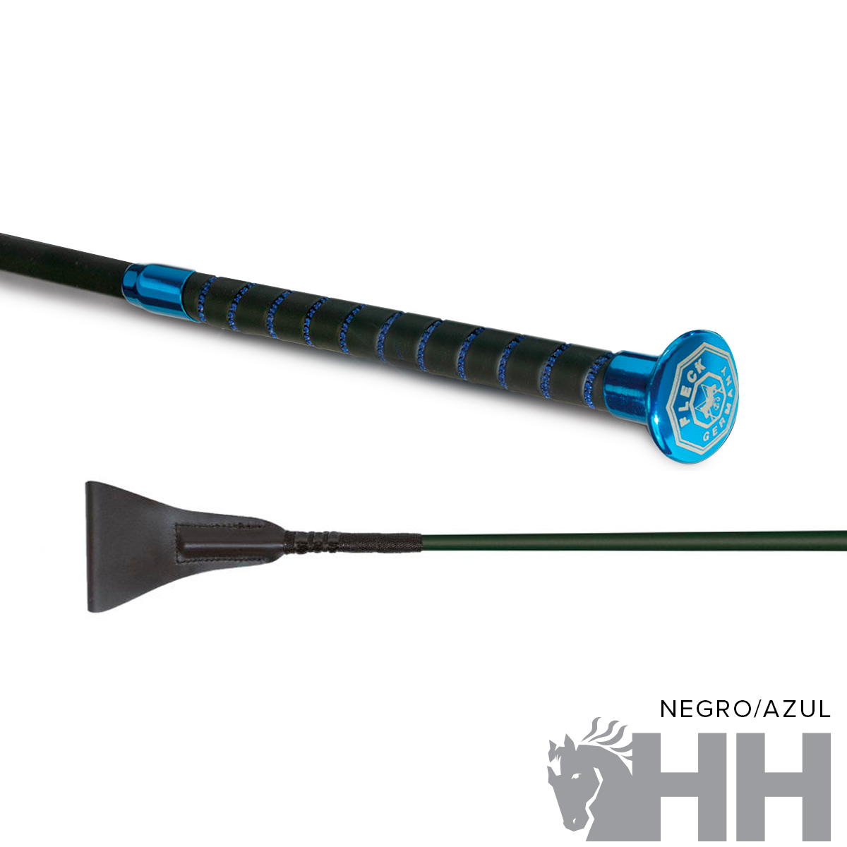 Chicote de equitação preto e azul com punho e ponta visíveis