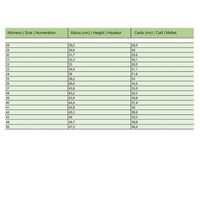 Tabela de tamanhos com números e medidas em centímetros para altura e cana