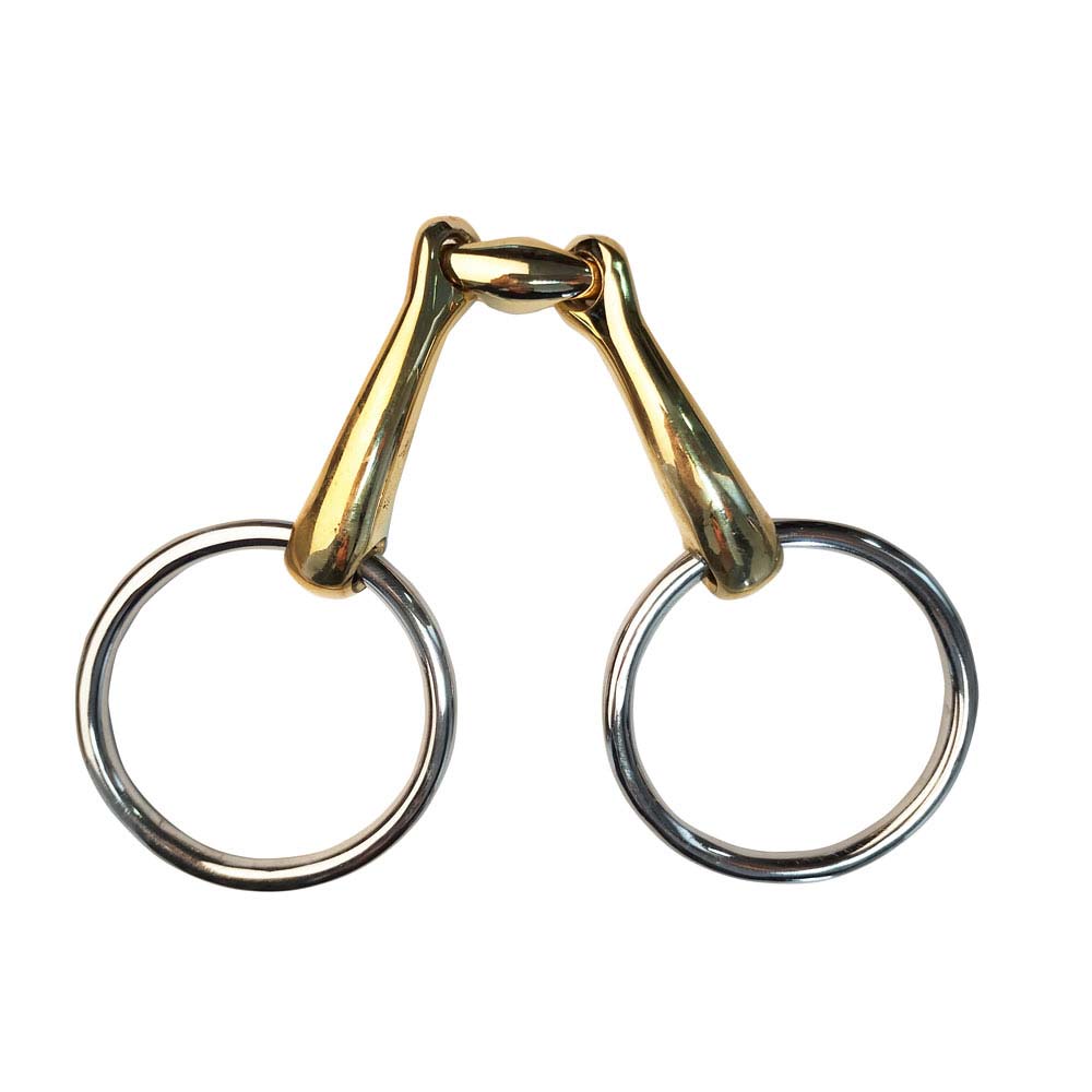 Freio para cavalo em metal com argolas e partes douradas