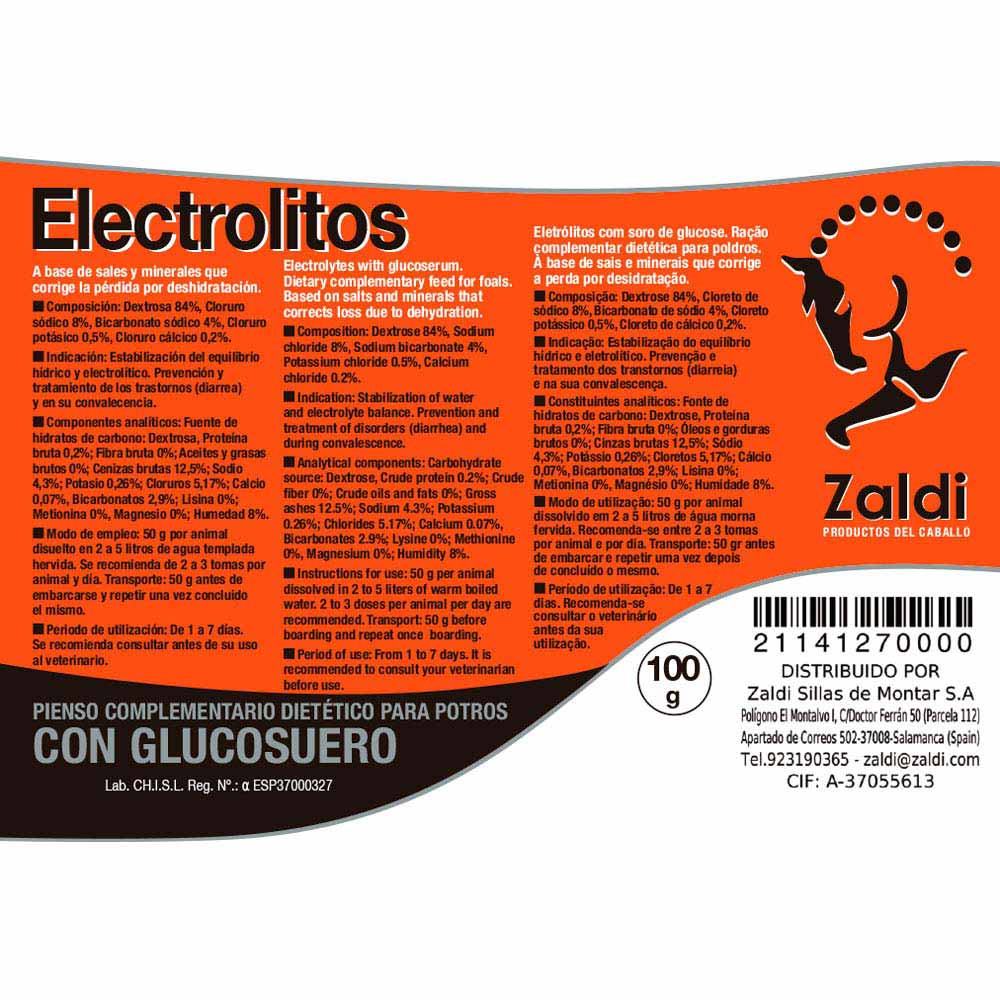 Etiqueta de suplemento dietético para potros Zaldi com glucosero em fundo laranja e preto