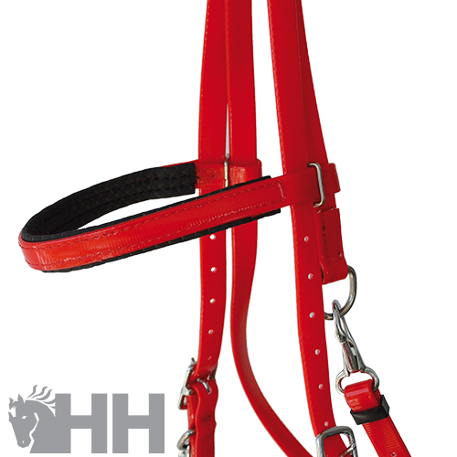 conjunto de cabresto de cavalo vermelho com acolchoamento preto e fivelas prateadas