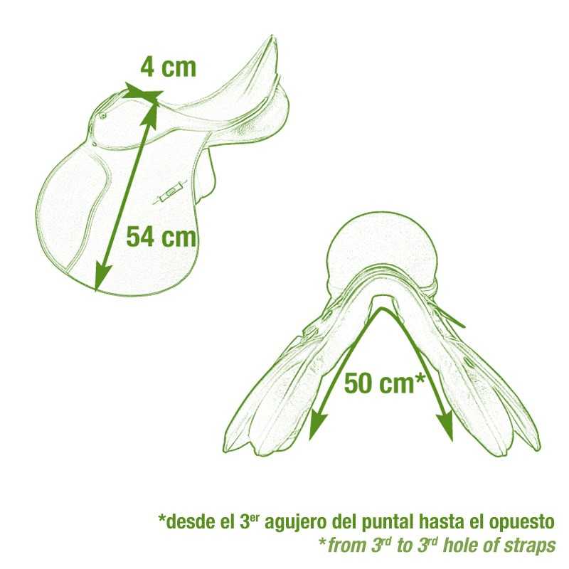 Desenho técnico de sela de equitação com medidas em centímetros e texto explicativo em espanhol e inglês.