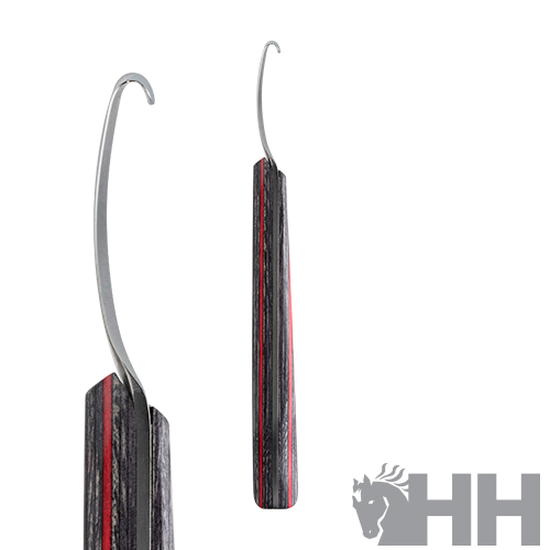 Gancho de aço com cabo de madeira preta e vermelha com textura listrada