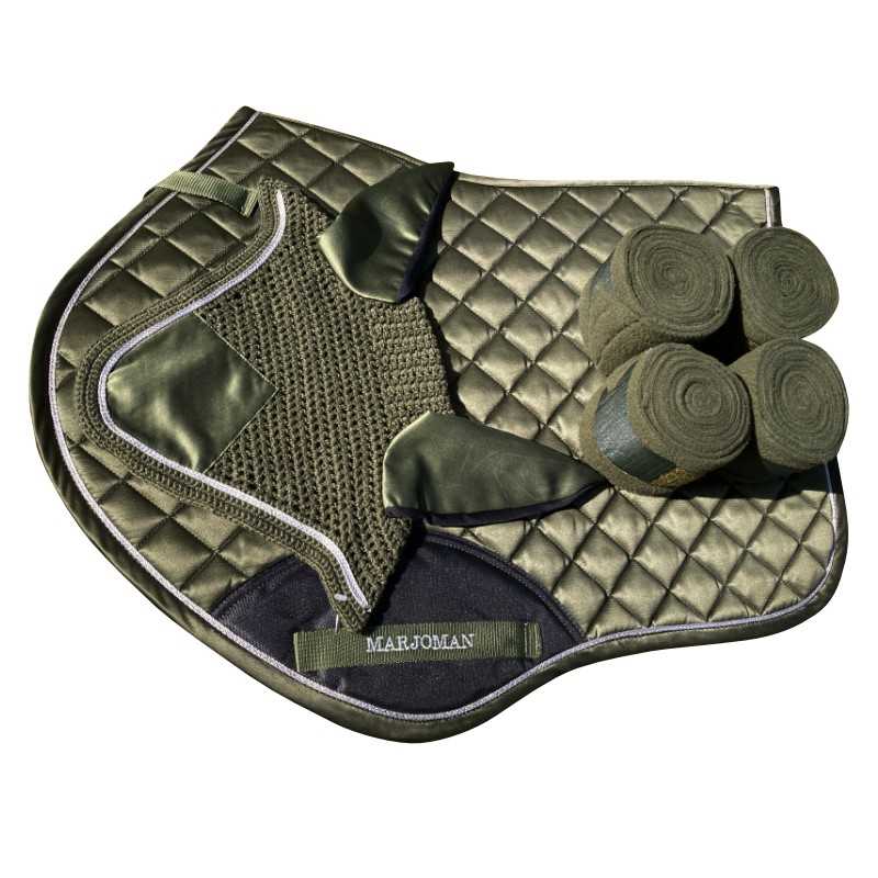 Conjunto de equipamentos para cavalo verde-oliva com manta matelassê e 4 bandagens enroladas