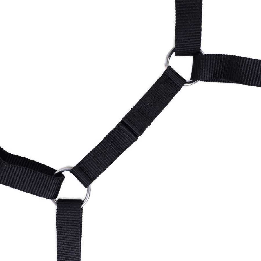 Tiras pretas de nylon ligadas por argolas metálicas