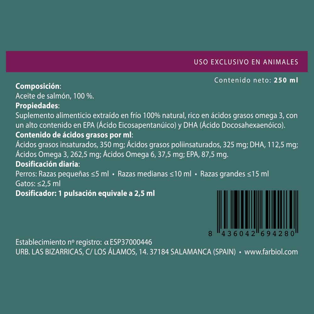 Rótulo de suplemento alimentar de óleo de salmão para animais com texto em castelhano