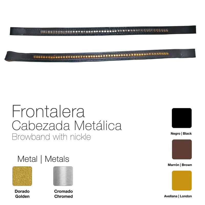 Duas frontaleiras de couro preto com detalhes metálicos dourados, texto e paletas de cor