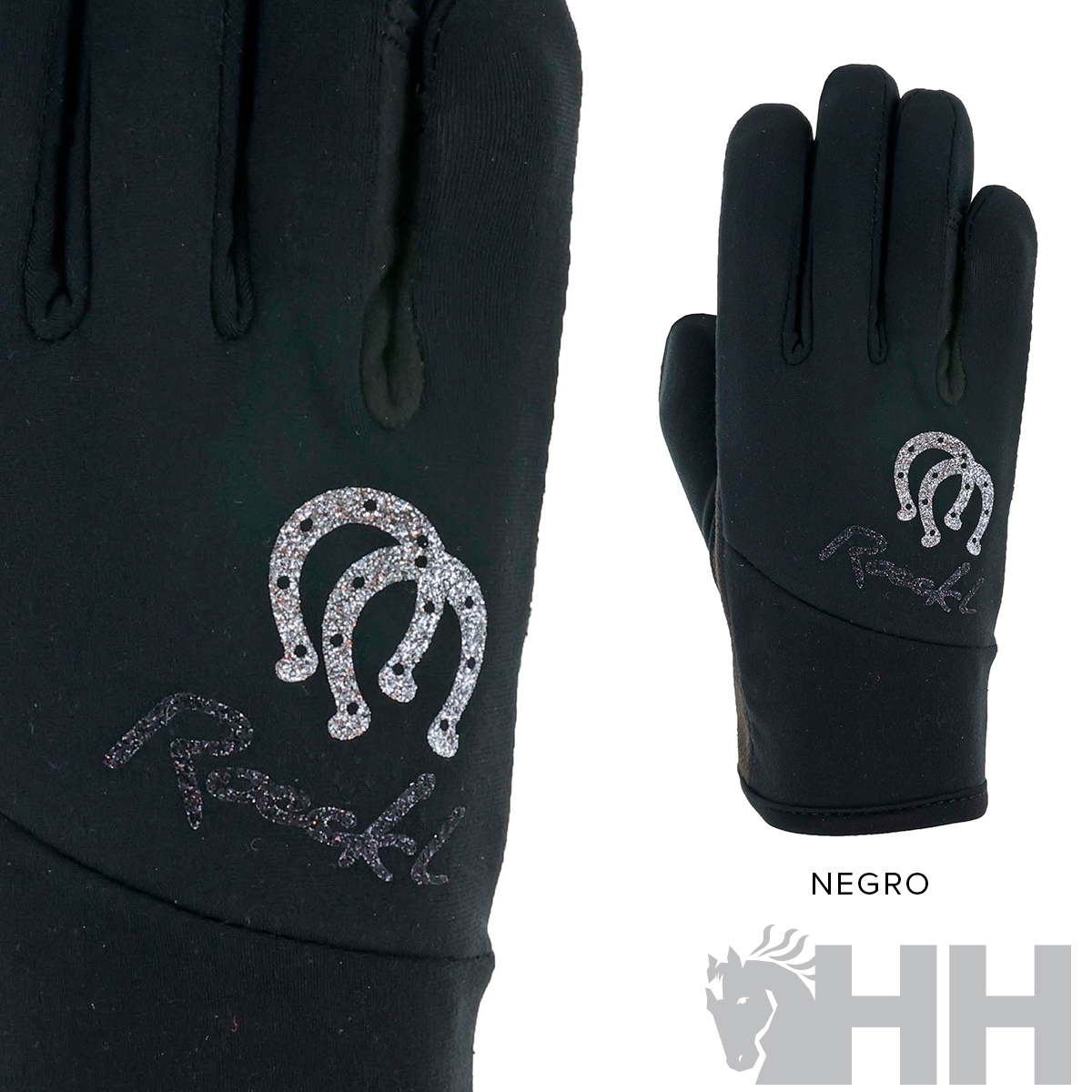 LuvAS pretas com logotipo prateado e palavra ROECKL.