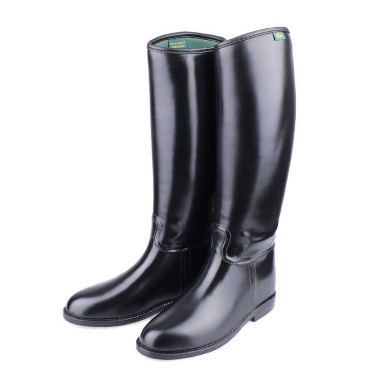 botas de cano alto pretas brilhantes com etiqueta verde