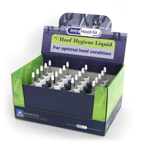 Embalagem de líquido Hoof Hygiene Liquid para cascos de cavalo, cores verde e azul.