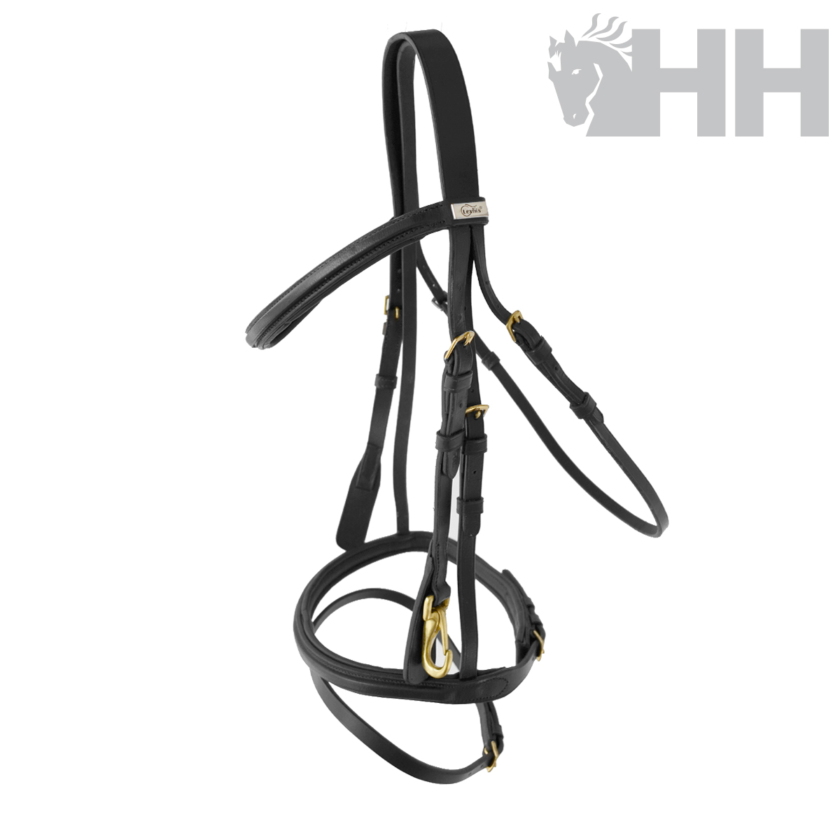 Bridão em pele preta com fivela dourada e etiqueta HHC sobre fundo branco
