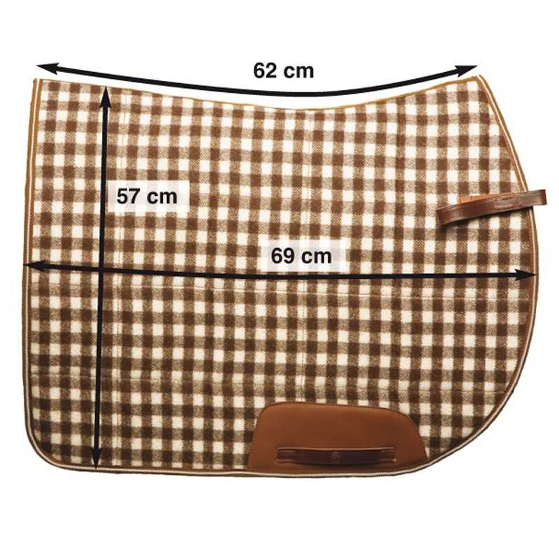 Mantilha para cavalo xadrez castanho e bege com detalhes em couro e medidas indicadas