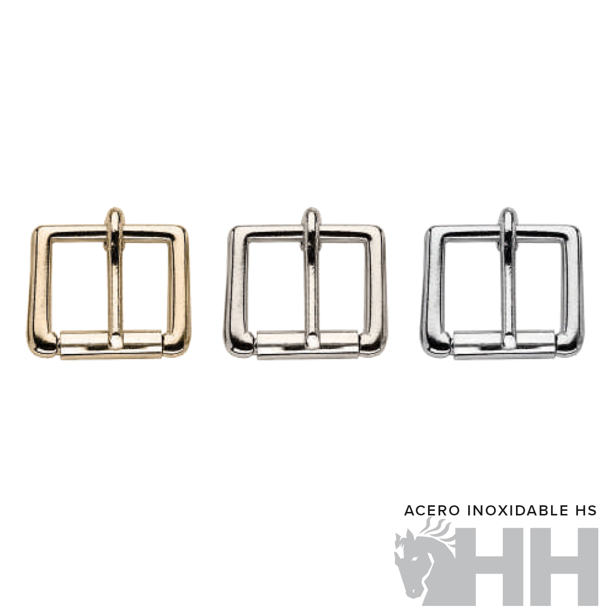 Três fivelas quadradas metálicas em várias cores sobre fundo branco