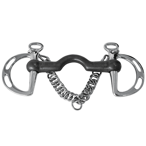 Freio para cavalo com bocados metálicos e corrente central