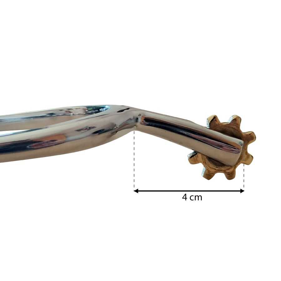 Espora metálica prateada com roda dentada em bronze e indicação de 4 cm