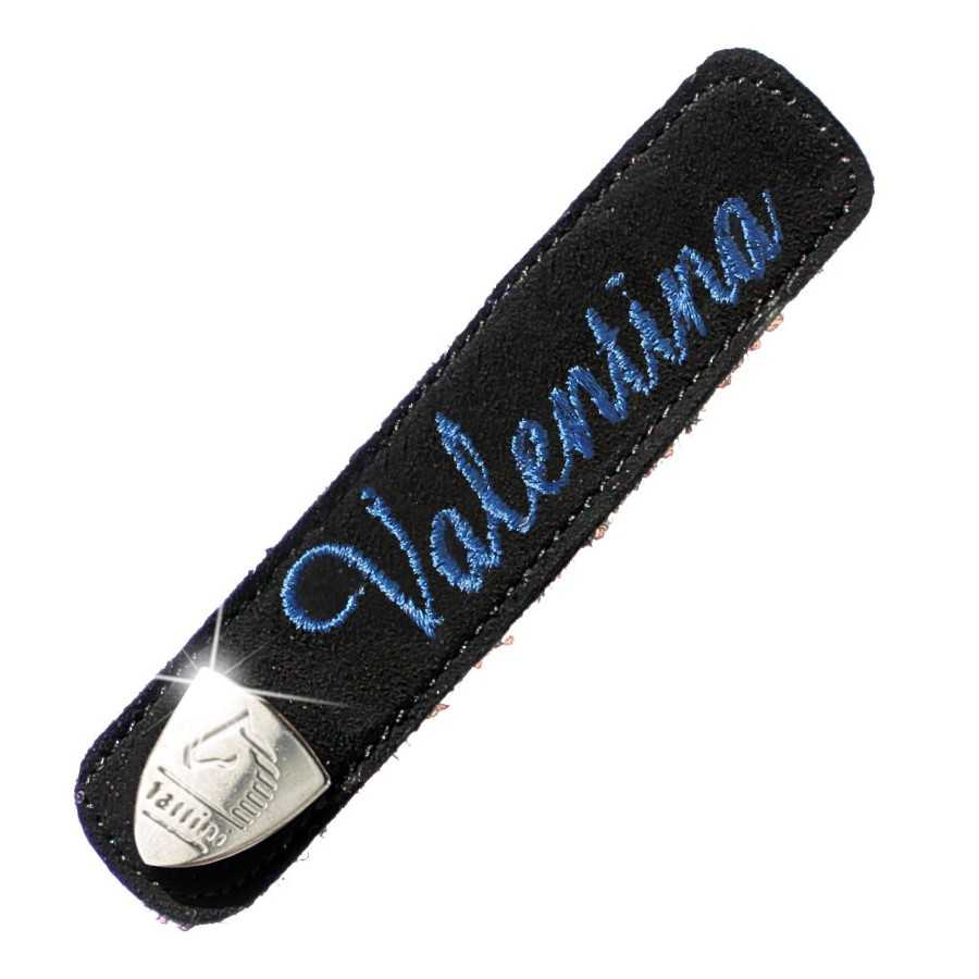 Clip para gravata preto com bordado azul Valentino e emblema metálico
