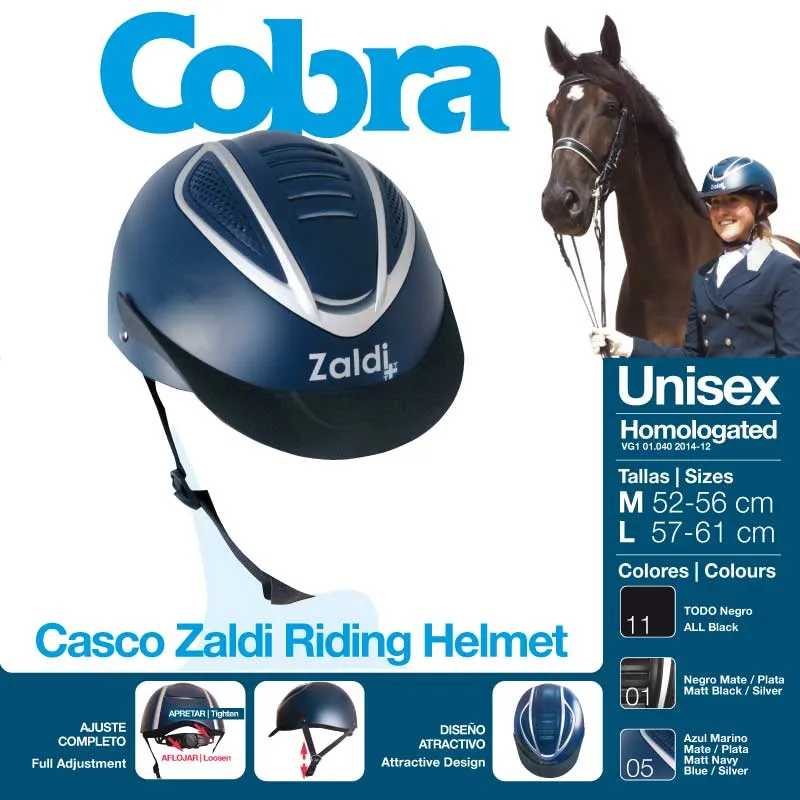 Capacete de equitação Zaldi preto com detalhes prateados e texto Cobra, unissex, tamanhos M e L