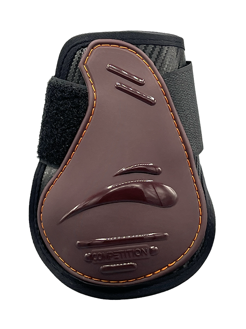 Proteção equitação castanha com velcro e texto COMPETITION