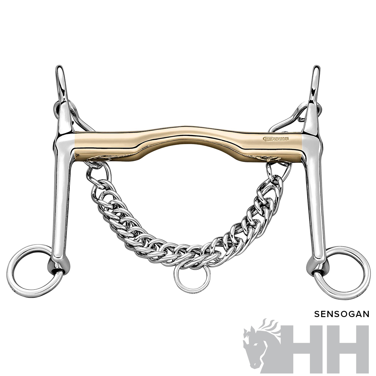 Freio para cavalo metálico com barra dourada e corrente prateada