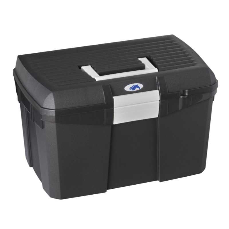 Caixa de ferramenta preta com pega branca e logótipo azul