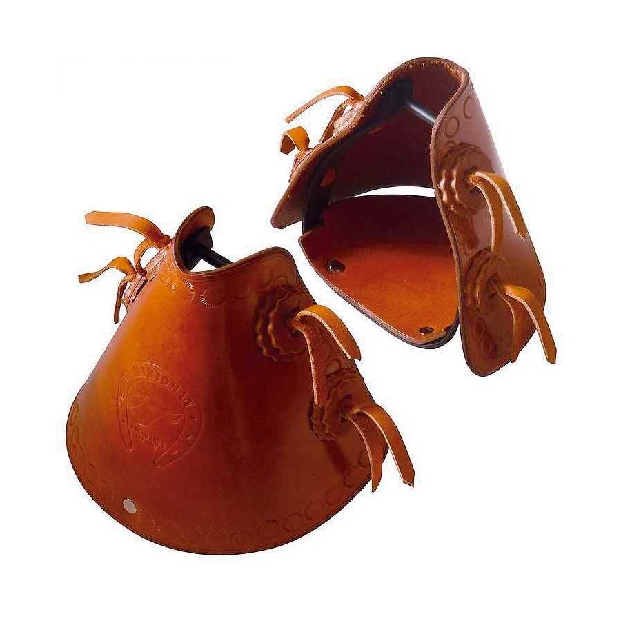 Par de campainhas para cavalo em couro castanho com detalhes em relevo e laços de couro