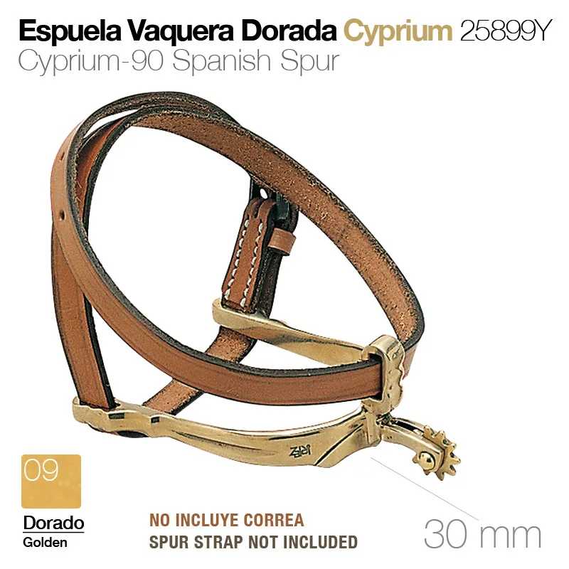 Espuela vaquera dourada com tiras de couro castanho e detalhes metálicos