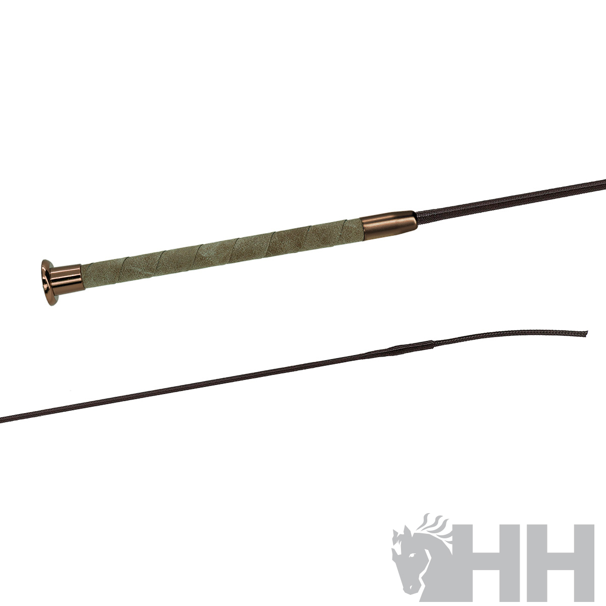 Linha de equitação preta com empunhadura verde e ponteira dourada